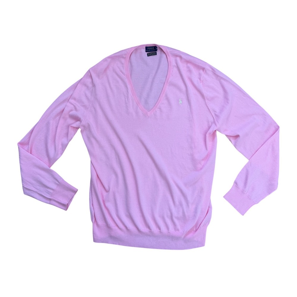 Polo Ralph Lauren Pink V-Neck Pima Cotton Sweater XL Preppy Pony Logo academia